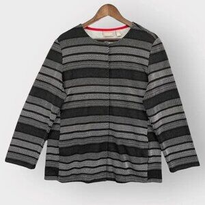 Chico's Striped Jacket Women Size L (2) Black Hidden Snap Front Buttons Academia